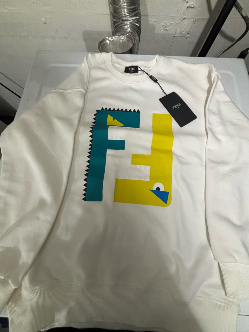 Fendi White Graphic Sweatshirt with Teal & Yellow Monsters BRAND NEW